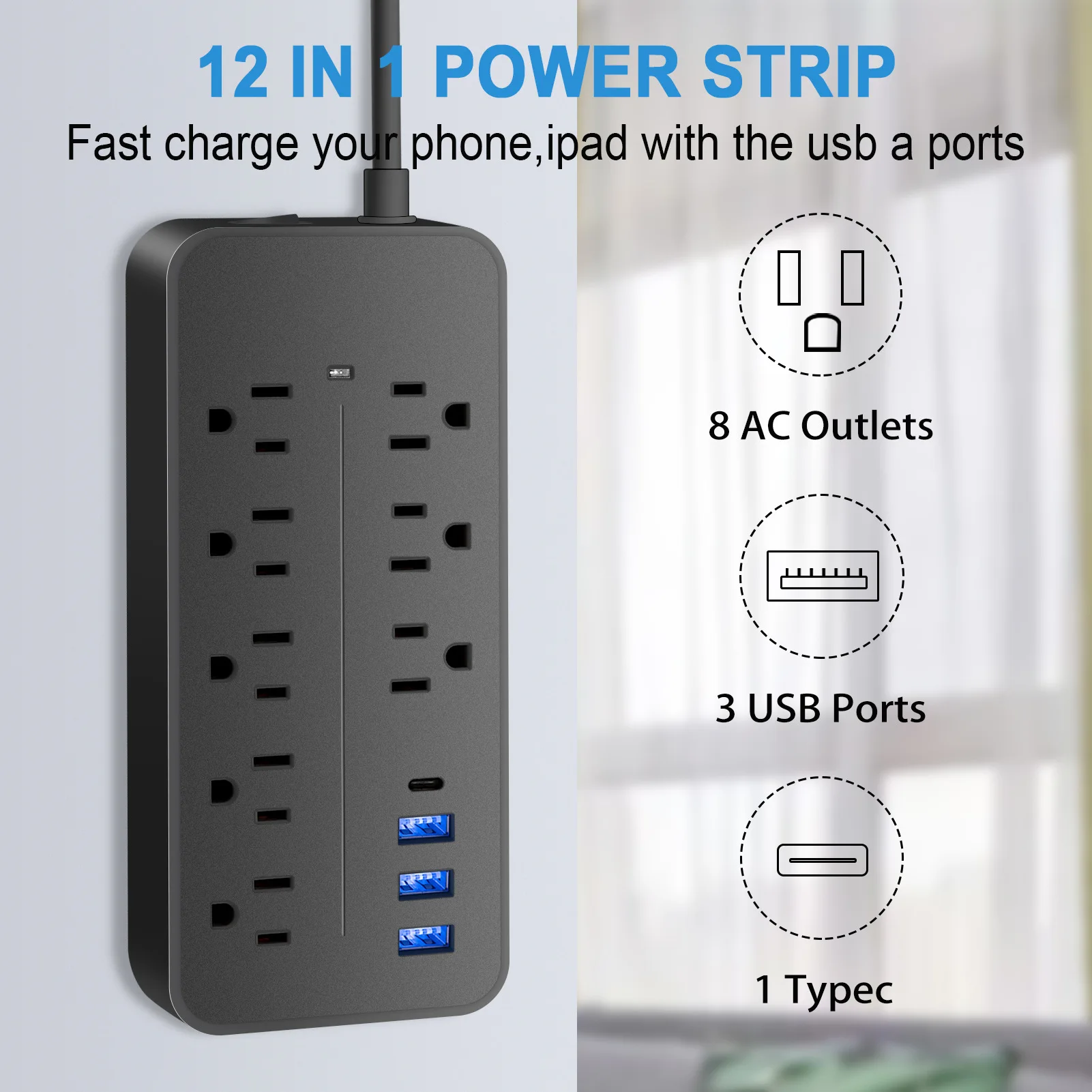 Universal Power Strip Socket 8 OUTLETS US Plug with Usb Type-c High Capacity Surge Protector Power 1.5m Cord Extension Sockets