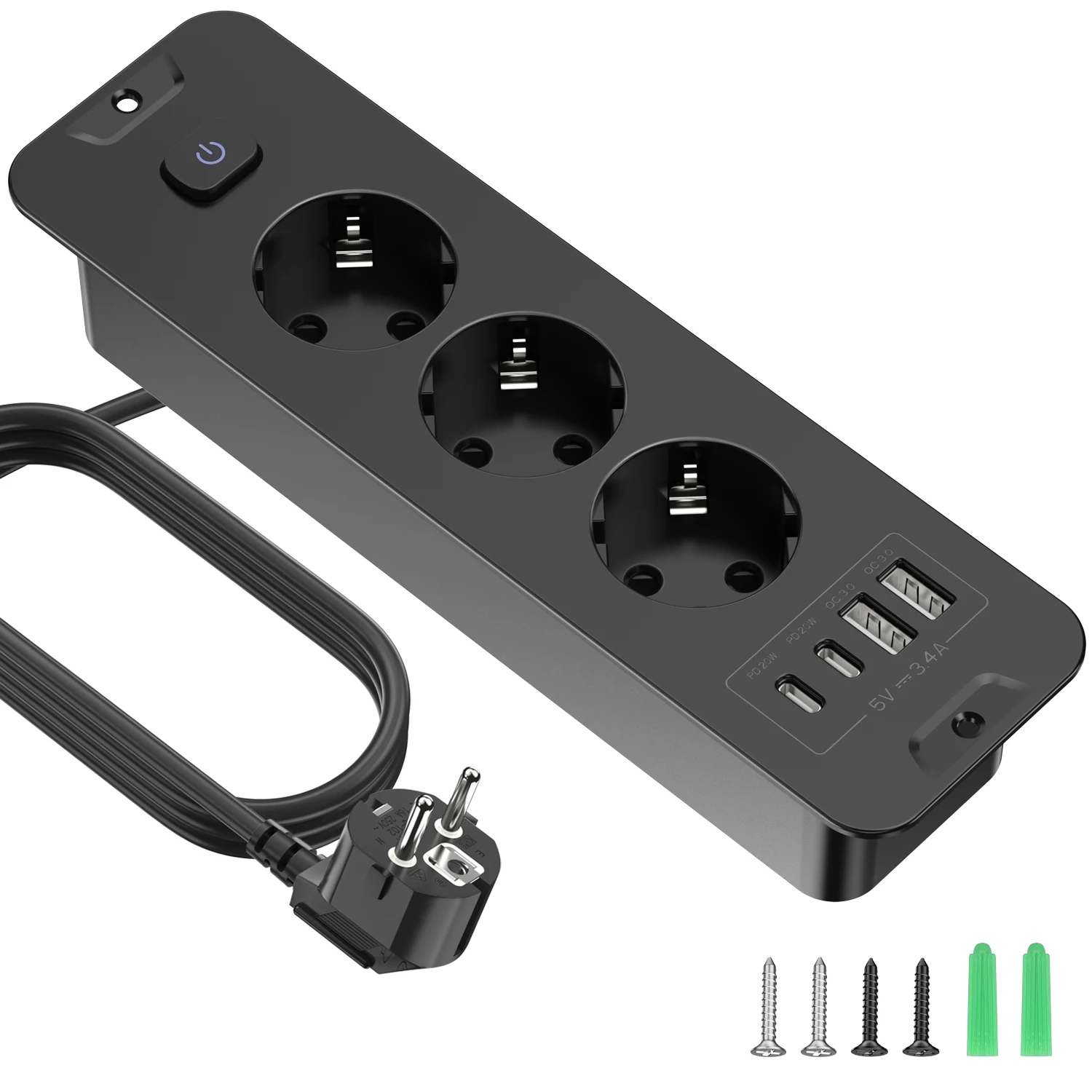 Eu-stekker Desktop ingebouwd voedingsbord 2/3 AC-stopcontact 2 USB2 Type-C oplaadadapterpoort 2 m verlengkabel wit zwart