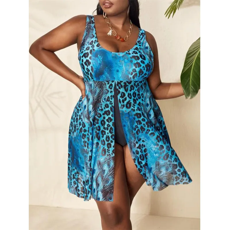 Swimdress Plus Size Swimwear Women Tankini 2025 Leopard Print Sexy One Piece Swimsuit Bikini Beachwear Bathing Suit 5XL Monokini