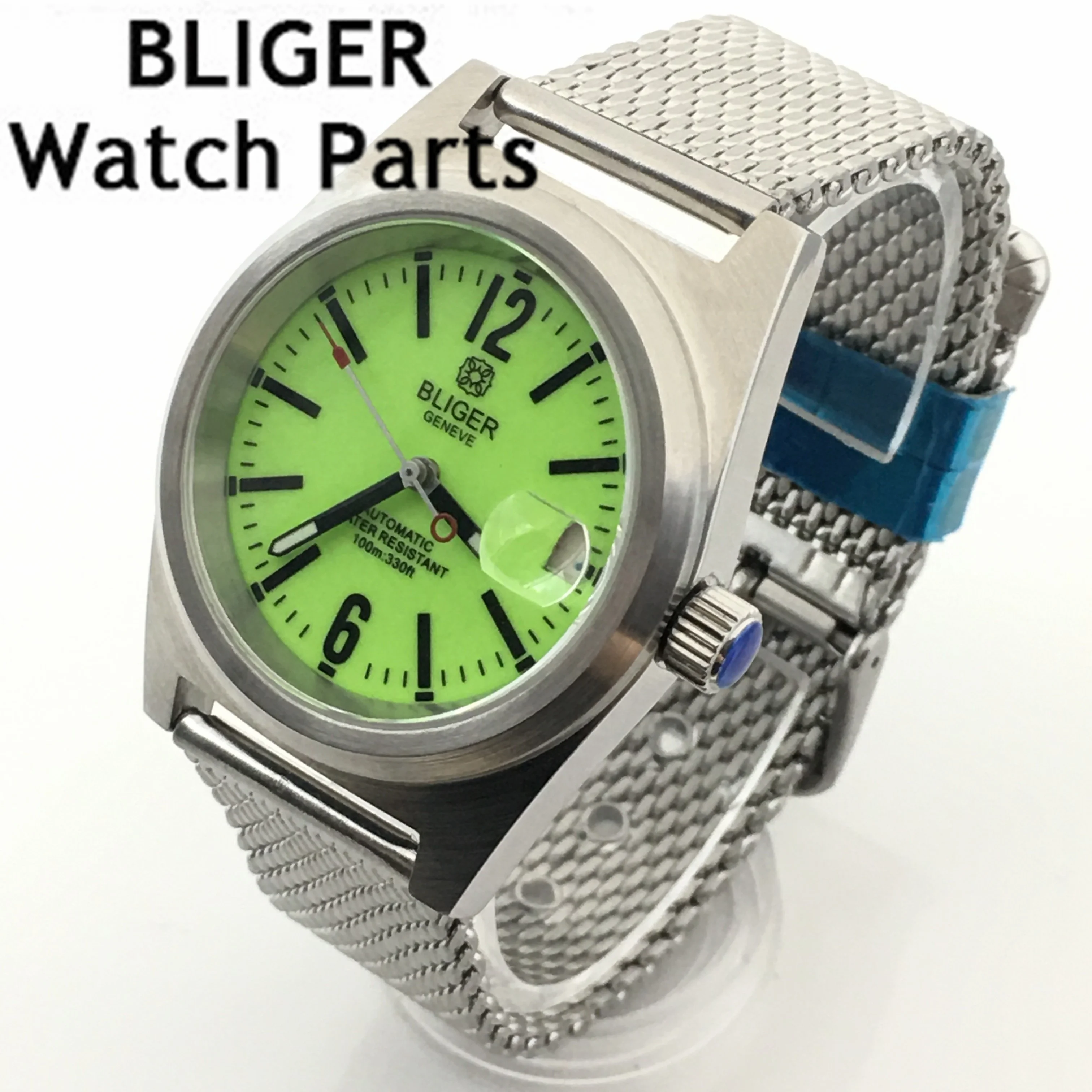 

BLIGER 38mm New Mechanical Men Watch NH35 Date Solid Case Mental Bracelet Sapphire Glass Black White Dial