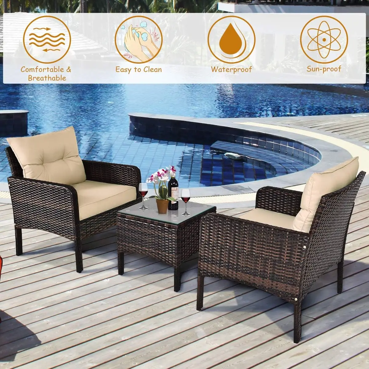 3 Piece Outdoor Patio Furniture Set for 2, Wicker Chairs with Glass Top Coffee Table, Thick Cushions, All Weather Garden Lawn