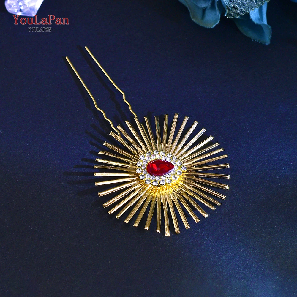 YouLaPan Red Color Rhinestone Bride Hair Pins Gold Color Wedding Hair Accessories U-Shape Hairpins Handmade Headwear HP768 ﻿