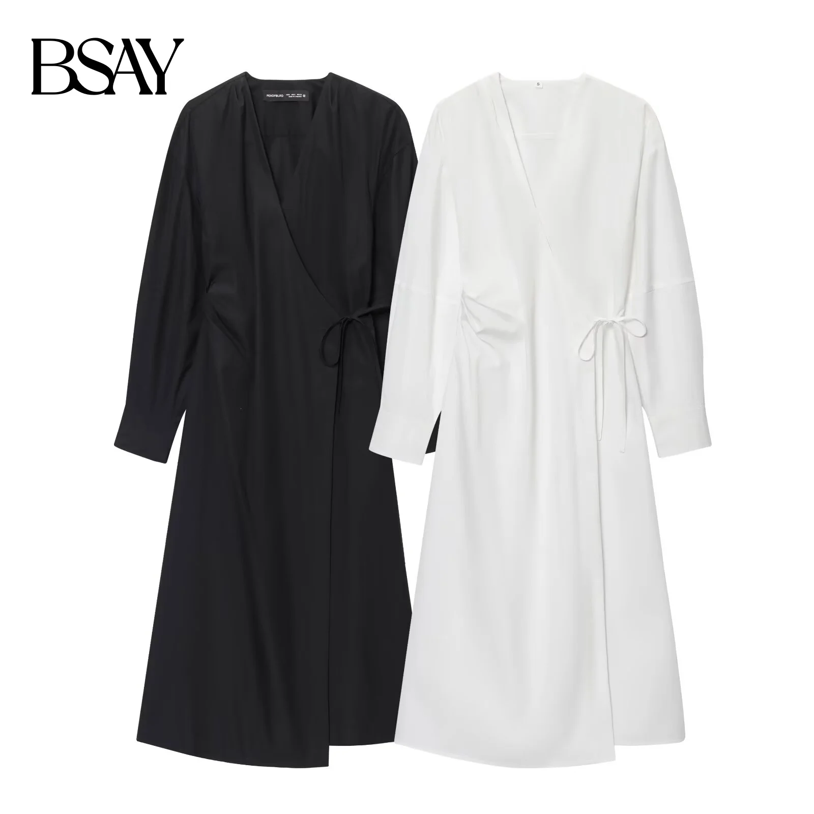 BSAY casual big shirt dresses summer new women Long sleeved Fold waist white V-neck wrapped style robe chic French Evening