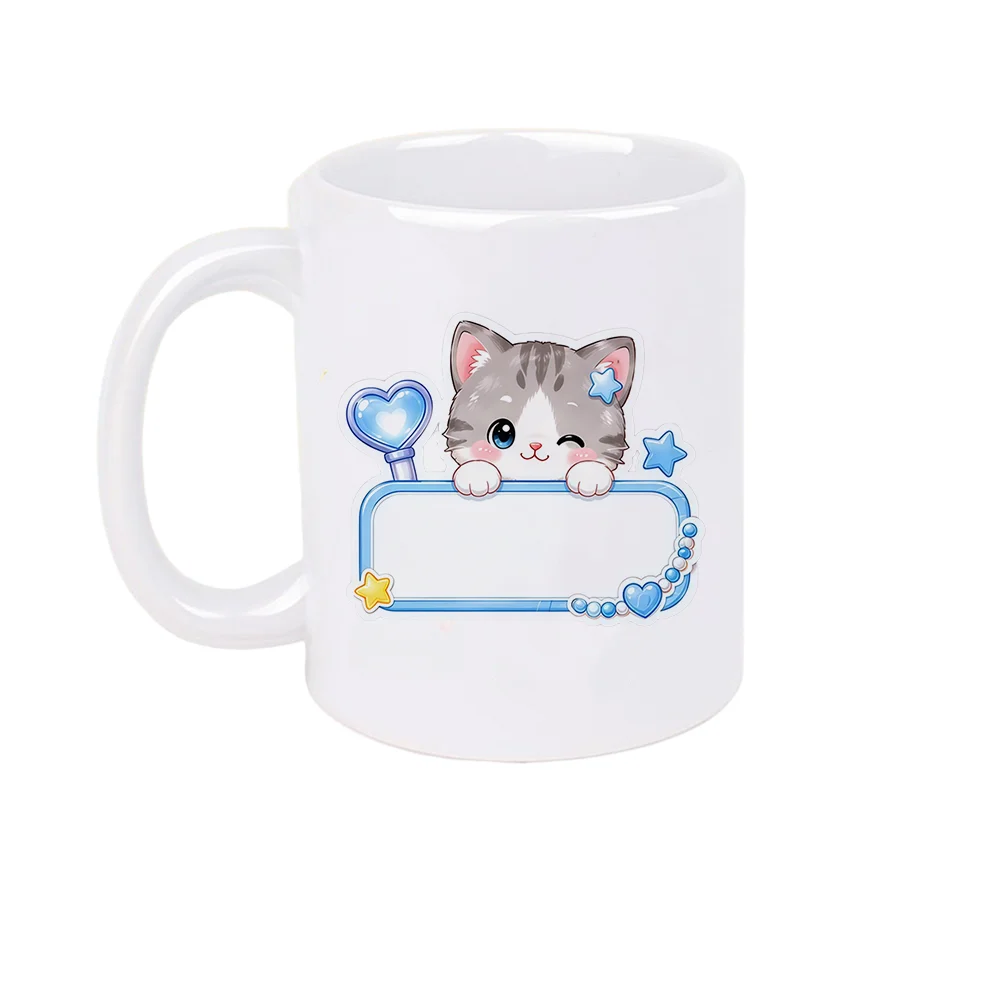 11oz Cute Gray Cat with Star Heart Magic Wand Print Ceramic Coffee Mug for Home Use Birthday Party Holiday Present Summer Travel