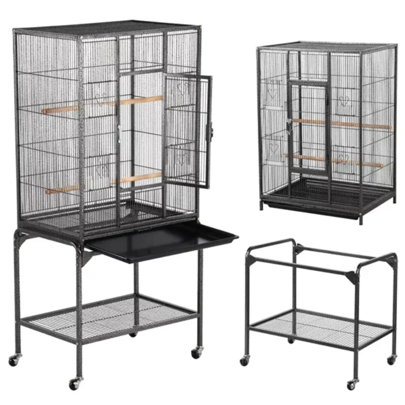 53.7'' Metal Rolling Bird Cage with Stand, 4 Feeding Bowls, and 2 Perches, Black bird nest  bird cage accessories