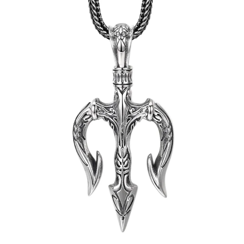 Real S925 Sterling Silver 925 Vintage Poseidon Sea King Trident Chain Pendant Personalized Fashion Jewelry Men Women