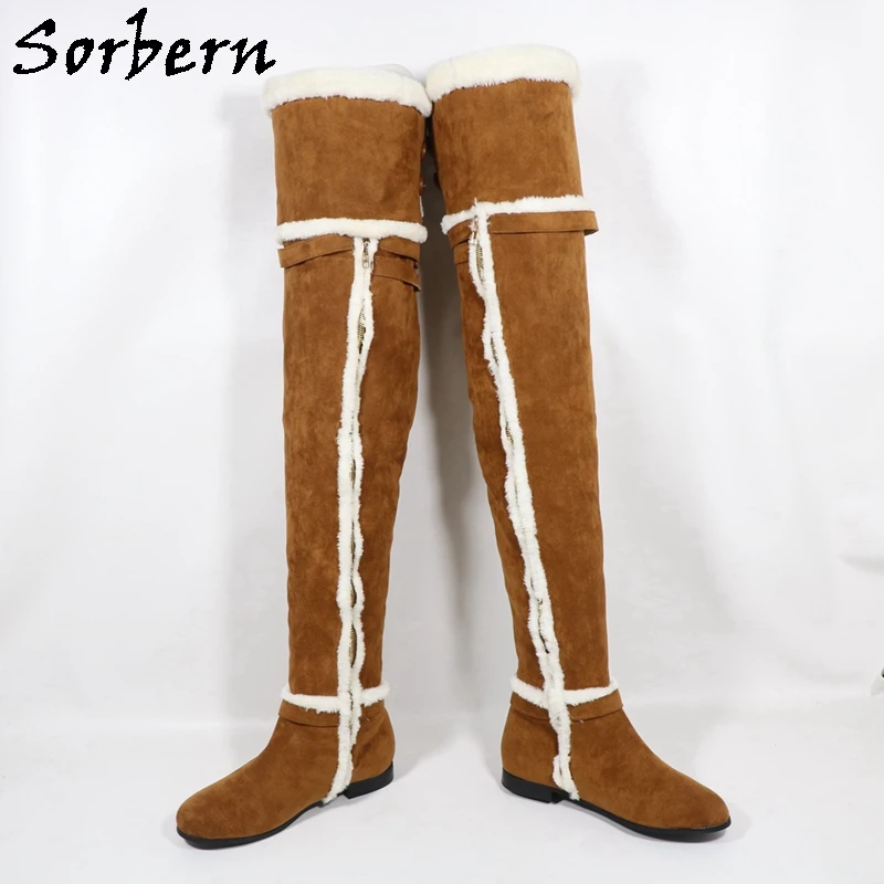 Sorbern Brown Winter Over The Knee High Women Boots Flat Round Toe Zipper Custom Plus Size EU 46 47 48 Spring Style