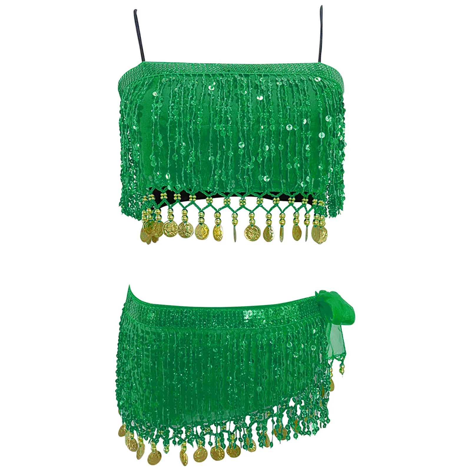Womens Buikdans Outfit Pailletten Kwastje Top Crop Hemdje Veiligheidsshorts Hippe Sjaal 4-delige Danskleding voor India Volksdans