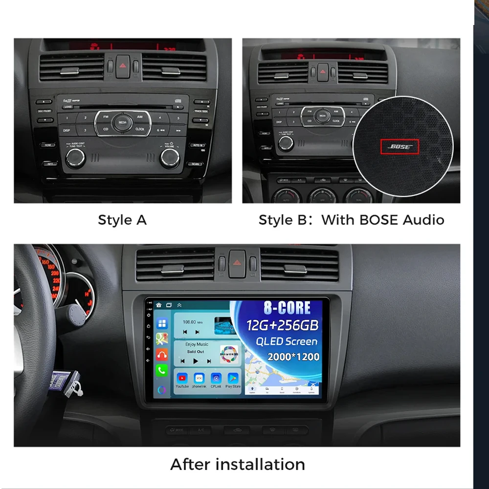 Carplay Auto For Mazda 6 Rui Wing 2007-2012 Android 14 Car Radio Multimedia Video Player Navigation GPS  No 2Din 2 Din DVD DSP