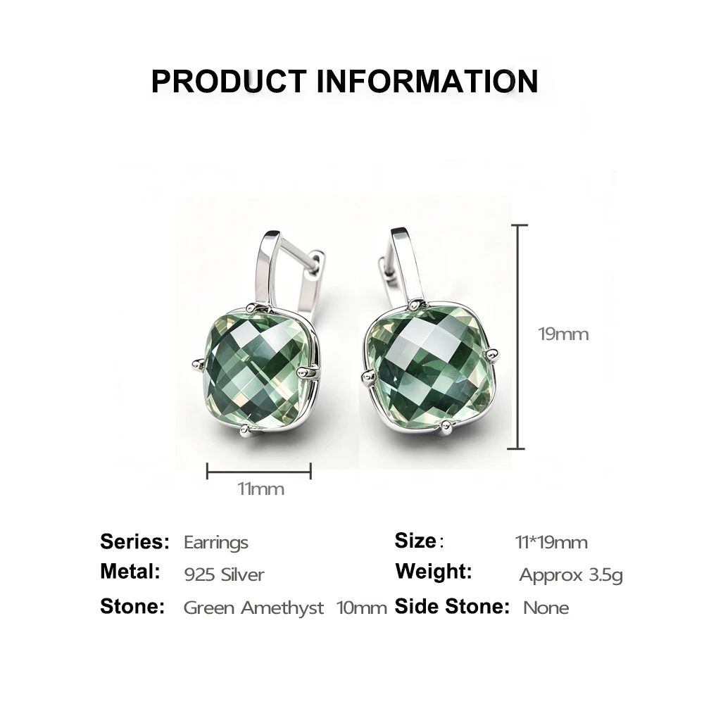 Trendige grüne Amethyst-Ohrringe aus Sterlingsilber 925, Edelstein im Cushion-Schliff, 10 mm, 7 Karat, edler Schmuck für Damen, Party, Geburtstagsgeschenk – Detail 4