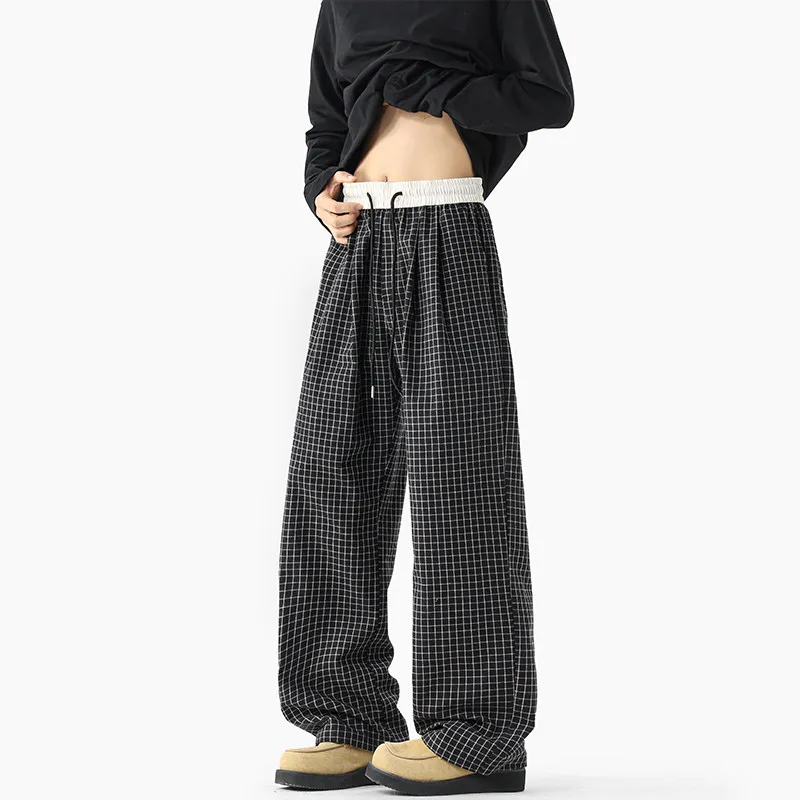 

Black Casual Pants Men Fashion Retro Plaid Pants Men Streetwear Hip-hop Loose Wide Leg Pants Mens Vintage Trousers Plus Size