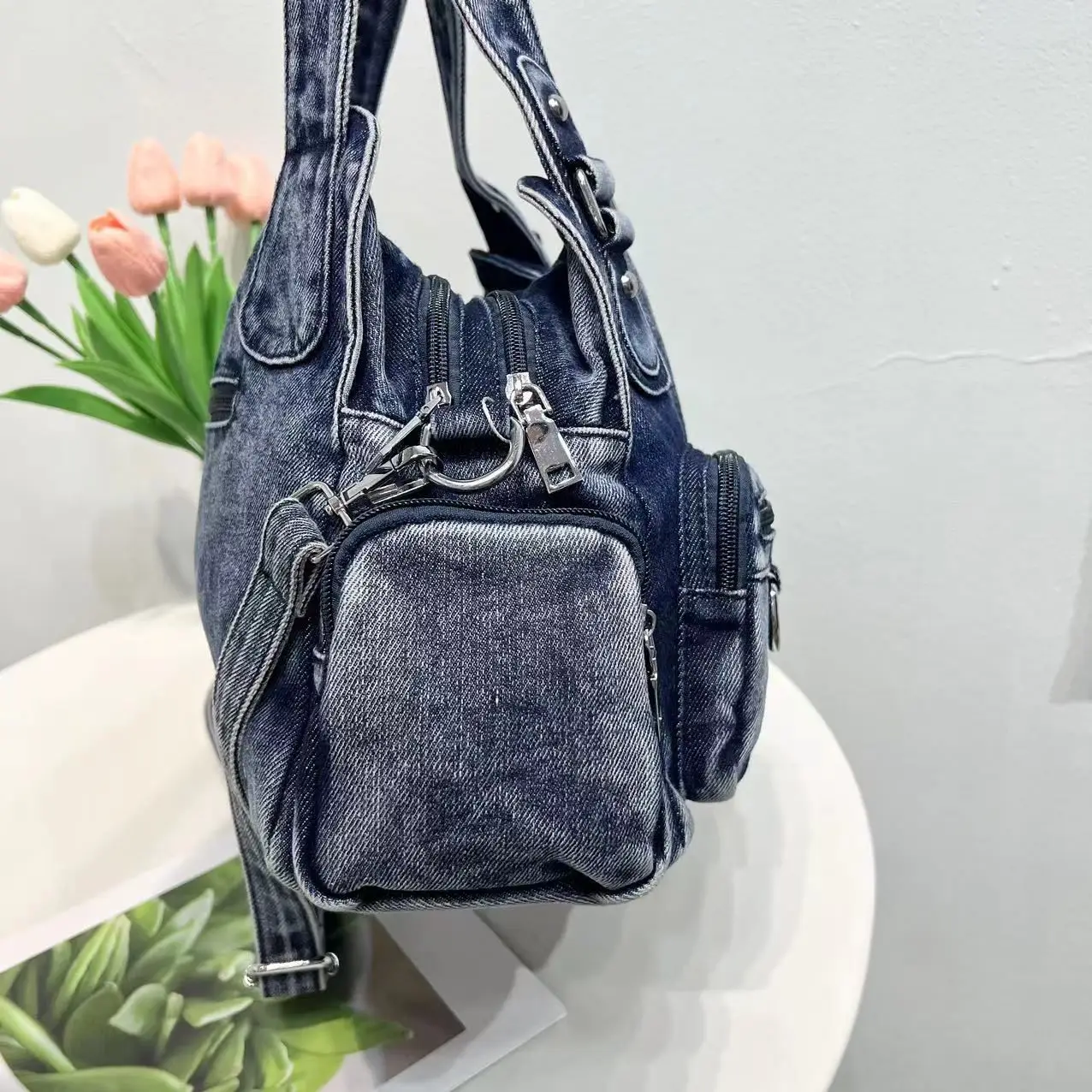 New in Fashion Denim Women Shoulder Bag Jeans Weave Rivet Tote Bag and Handbags Hobo Bag Pockets Crossbody Purse