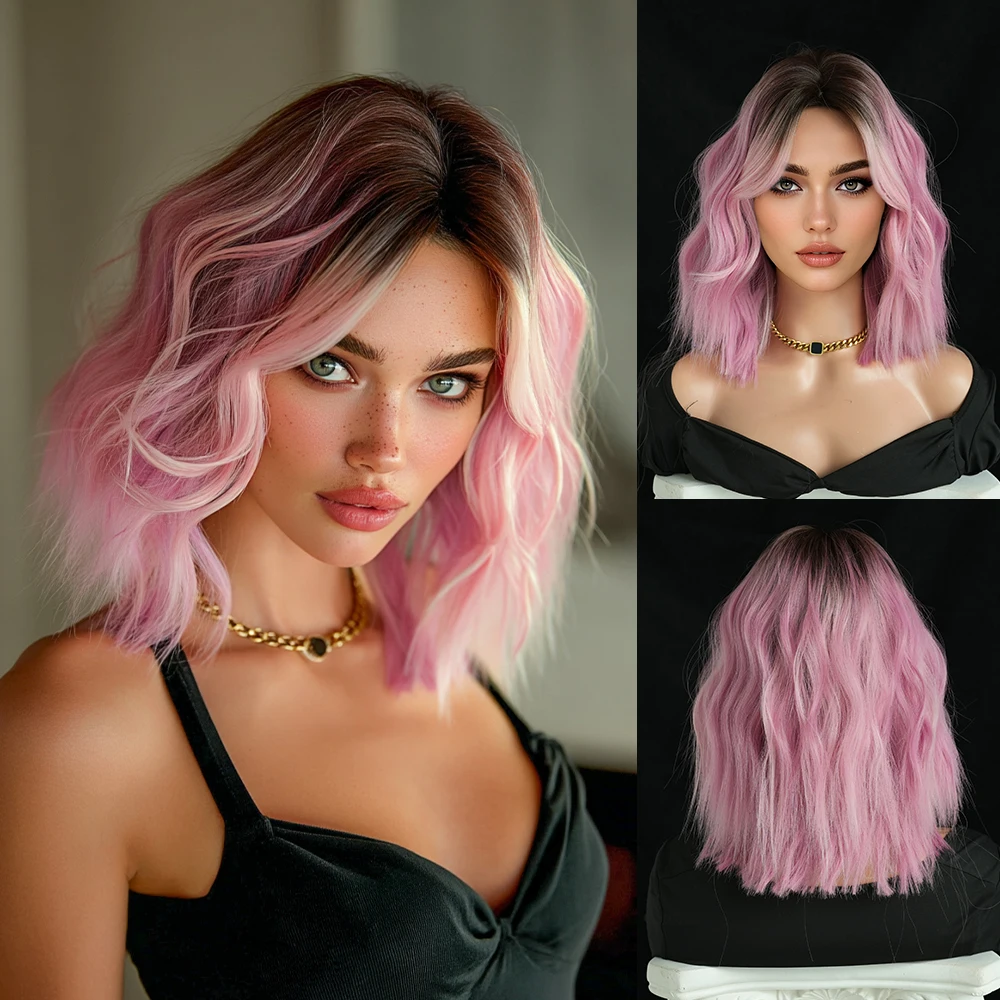 NAMM New Fashion Long Wavy Peach Pink Wigs Dark Roots Natural Looking High Quality Fiber Synthetic Fluffy Curly Wigs