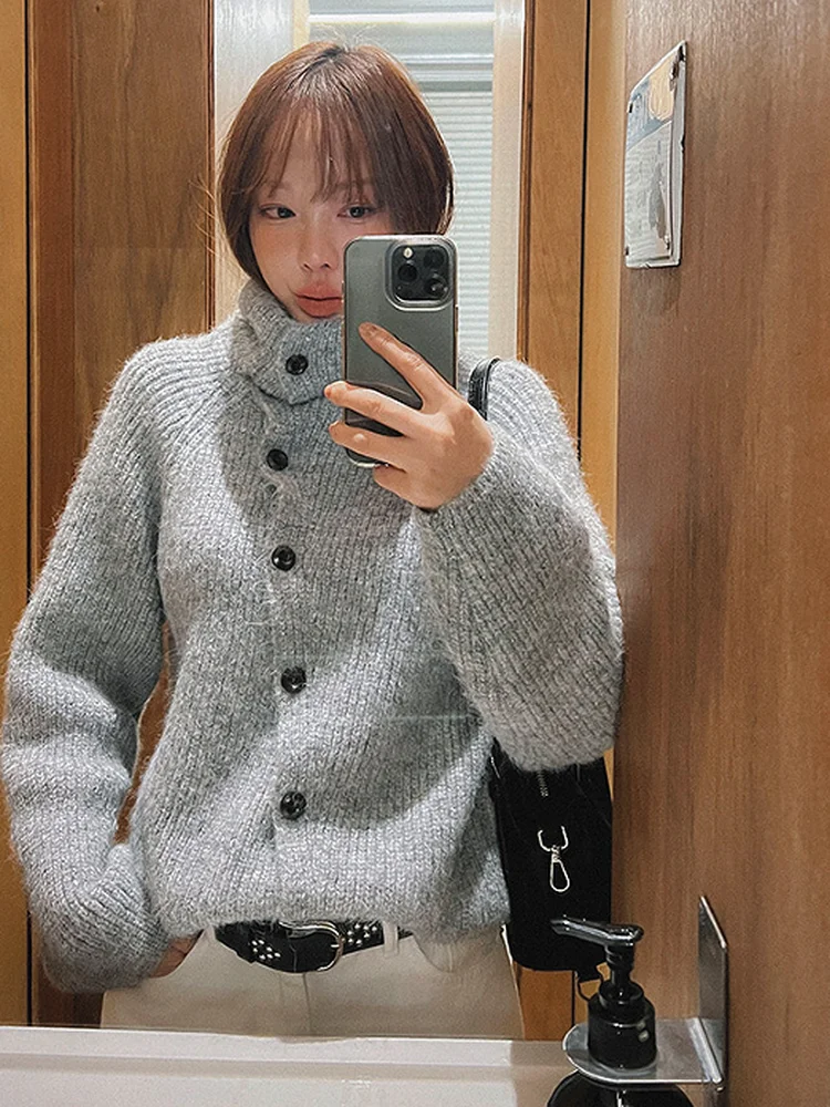 

Ele Women's Knitwear Sweater with Slant Button Design Autumn Winter Warm Faionable Versatile Slimming Knitted Top