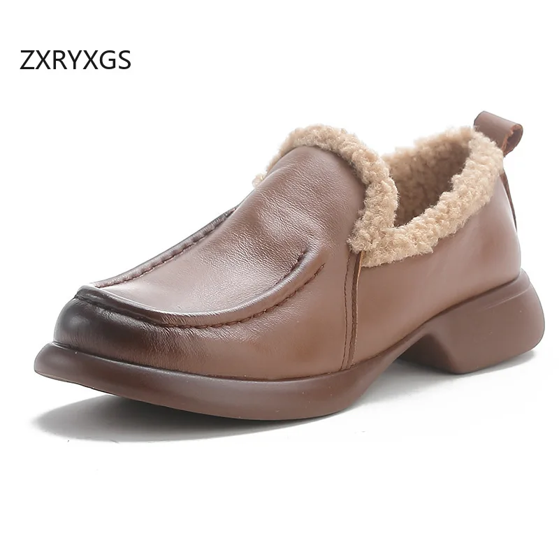 

ZXRYXGS 2025 Новые зимние теплые зимние туфли, удобная мягкая подошва на среднем каблуке, элегантная хлопковая обувь из натуральной кожи, женские зимние ботинки Tide