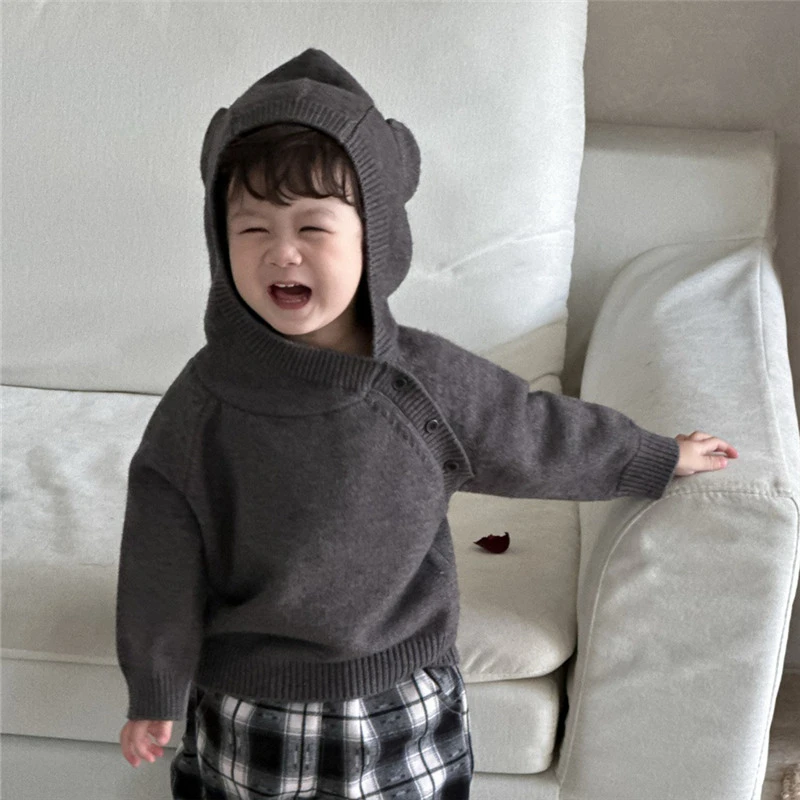 

2025 Winter New Baby Long Sleeve Casual Sweater Kids Boys Girls Warm Knit Hooded Tops Children Cute Bear Sweater Infant Clothes
