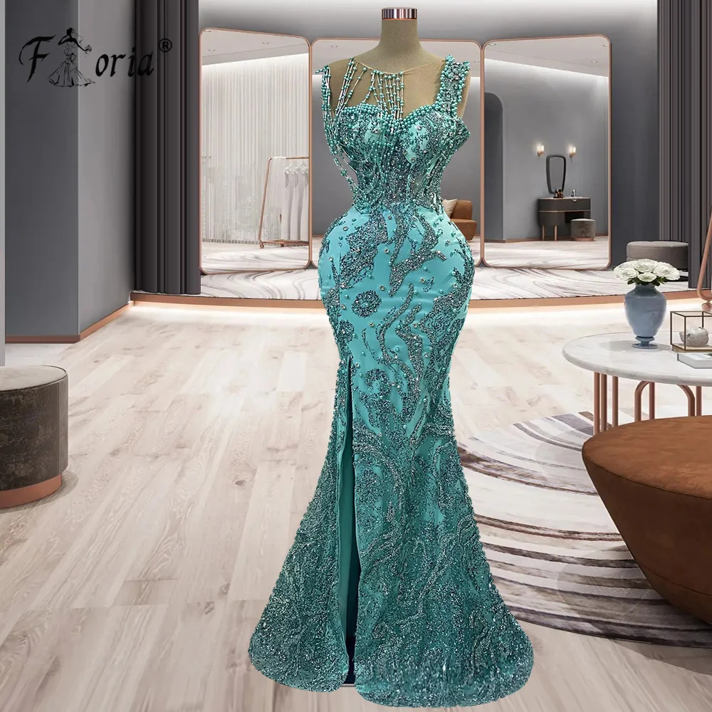 Elegant Pearls Stones Mermaid Evening Dress Mint Green Beaded Chains Slit Floor Length Sheer Prom Dress Couture Robe De Soiree