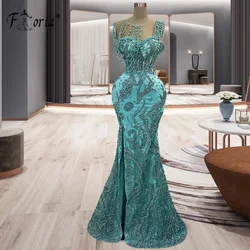 Elegant Pearls Stones Mermaid Evening Dress Mint Green Beaded Chains Slit Floor Length Sheer Prom Dress Couture Robe De Soiree
