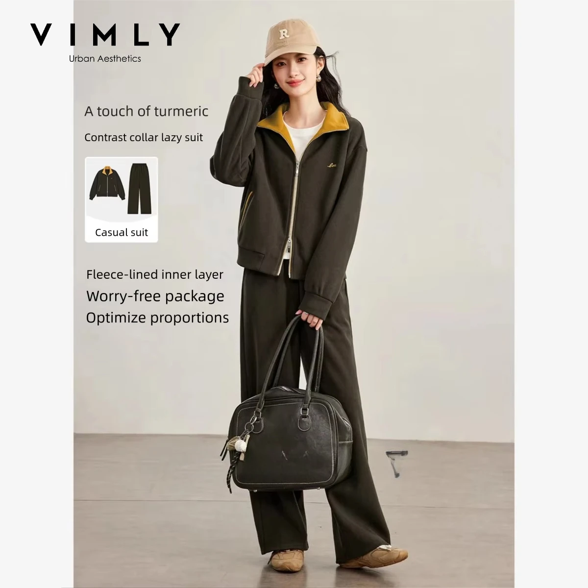 VIMLY Casual Sports Set for Women 2026 Winter New Color Block Zip-up Sweatshirt and Wide Leg Pants Thickened Two-piece Set A7669