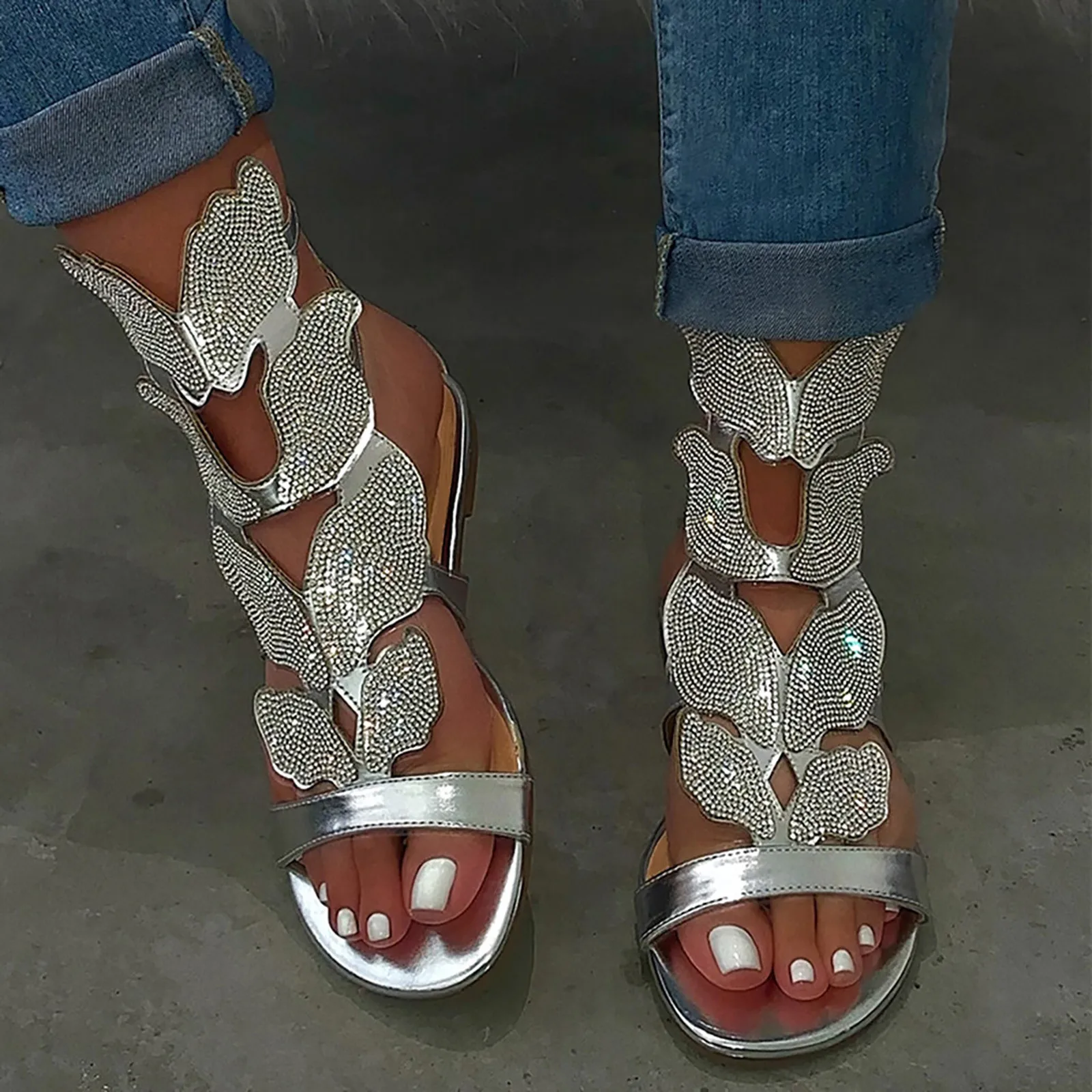 Summer Butterfly Crystal Sandals for Women Plus Size Fashion Gladiator Sandals Comfortable Open Toe Shoes Woman Sandalias 2023