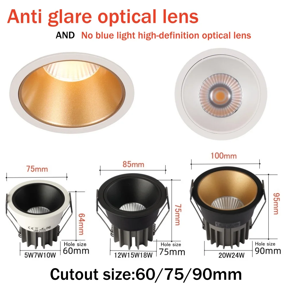 Dimmable Led Downlight Recessed Ceiling Lamp Spotlight Aluminum COB 110V 220V Home Office Store Spot led Hole 65/75/90mm image 5
