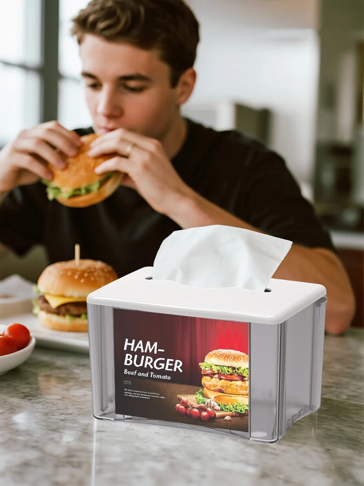 Commercial ABS Spring-Loaded Standing Tissue Dispenser with Advertising Slot - Pull-Type Countertop Tissue Box for Hotel Restaur