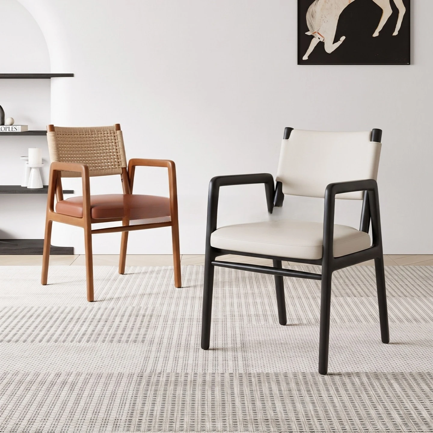Mid-Century Ash Wood Dining Chair, Woven Backrest Seat with Leather Upholstery for Home Restaurant