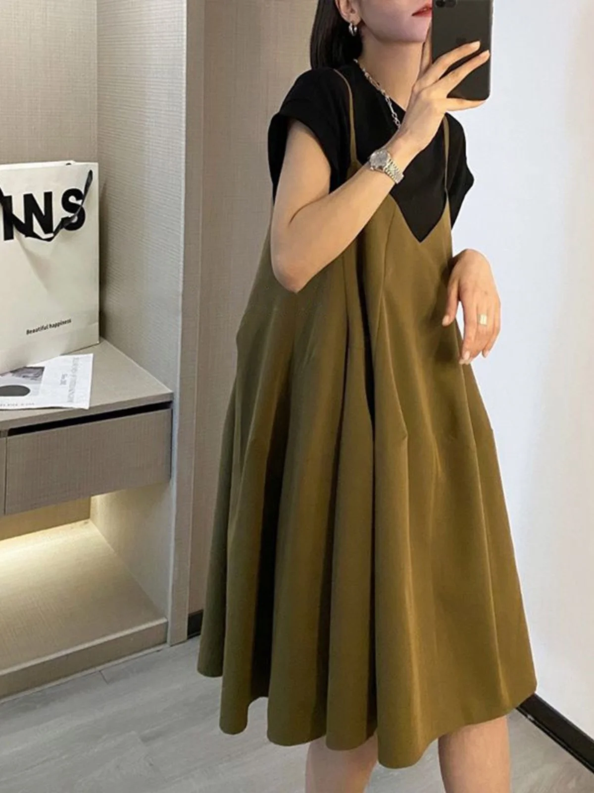 

plus Size Women's Casual Summer Dr Set Loose Fit ort Sve round Ne Korean Sle Mid-Length Strapl T-irt And Dr