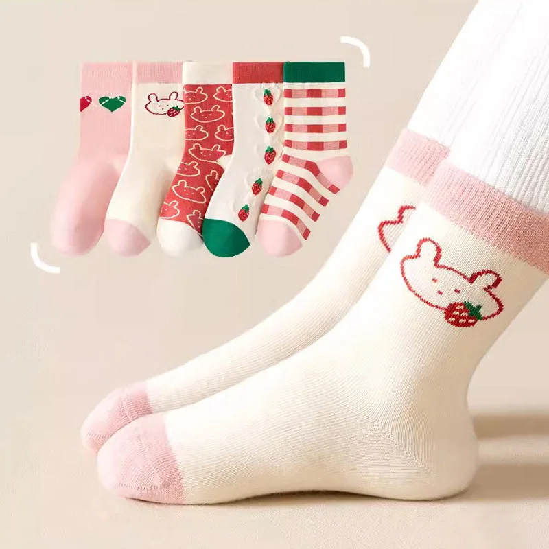5Pairs Autumn Winter Warm Children Socks Thicken Cotton Kids Mid Tube Sock Cute Cartoon Boys Girls Baby Footwear 0-8year Clothes