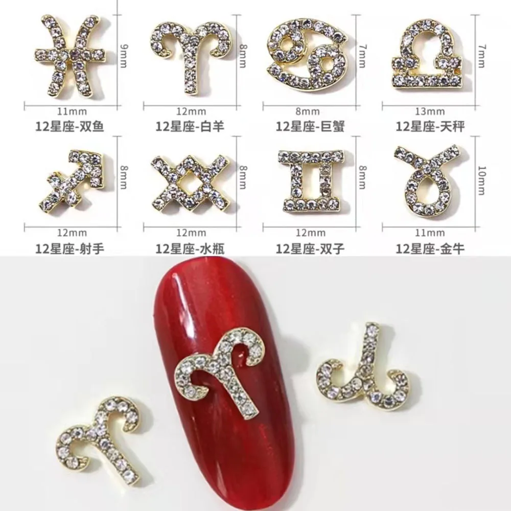 Zirkon Zodiac Nagel Charms 10 teile/los Legierung 12 Konstellationen 3D Zeichen Strass Symbol Zubehör Shiny Nail art Dekorationen