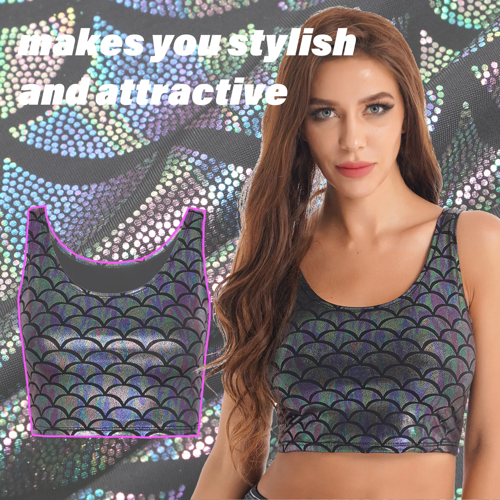 Women Shiny Metallic Crop Top Y2K Mermaid Fish Scale Print Cropped Tank Top Vest Festival Rave Pole Dance Costume Party Clubwear