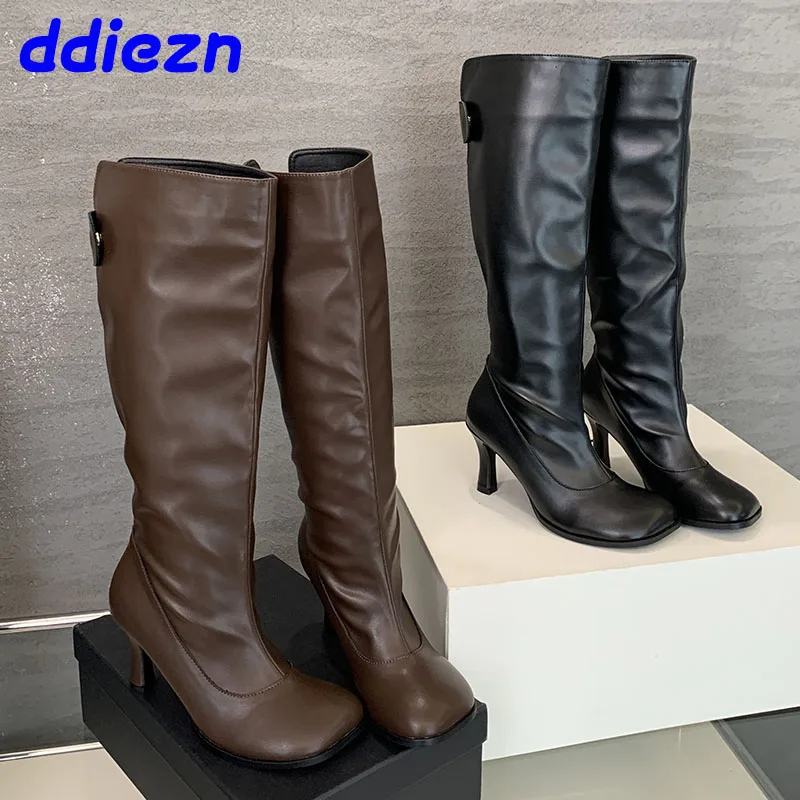 Fashion Round Toe Ladies Knee High Modern Boots Designer Slip On Footwear Women Long Booties Shoes Female Heels Shoes