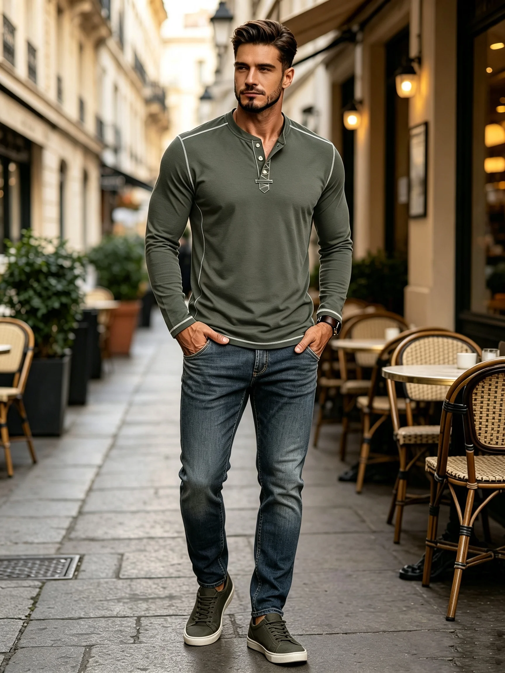 Men's Henley Long Sleeve Shirt Contrast Stitching Stand Collar Button Placket Tee Casual Slim Fit Outdoor Daily Soft Basic Top