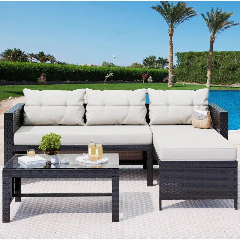 3 Piece Patio Furniture Sets, All-Weather PE Wicker Outdoor Sofa Couch Sectional Set, Small Conversation Set ,Outdoor Sofa