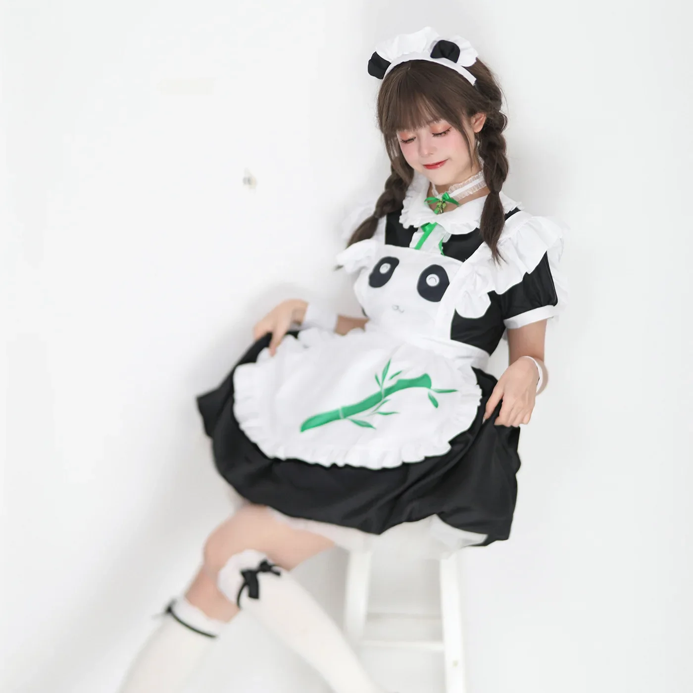 Lolita empregada cosplay fantasia para mulheres, dramatização de Halloween, meninas, preto e branco, panda bonito, traje diário, roupa linda