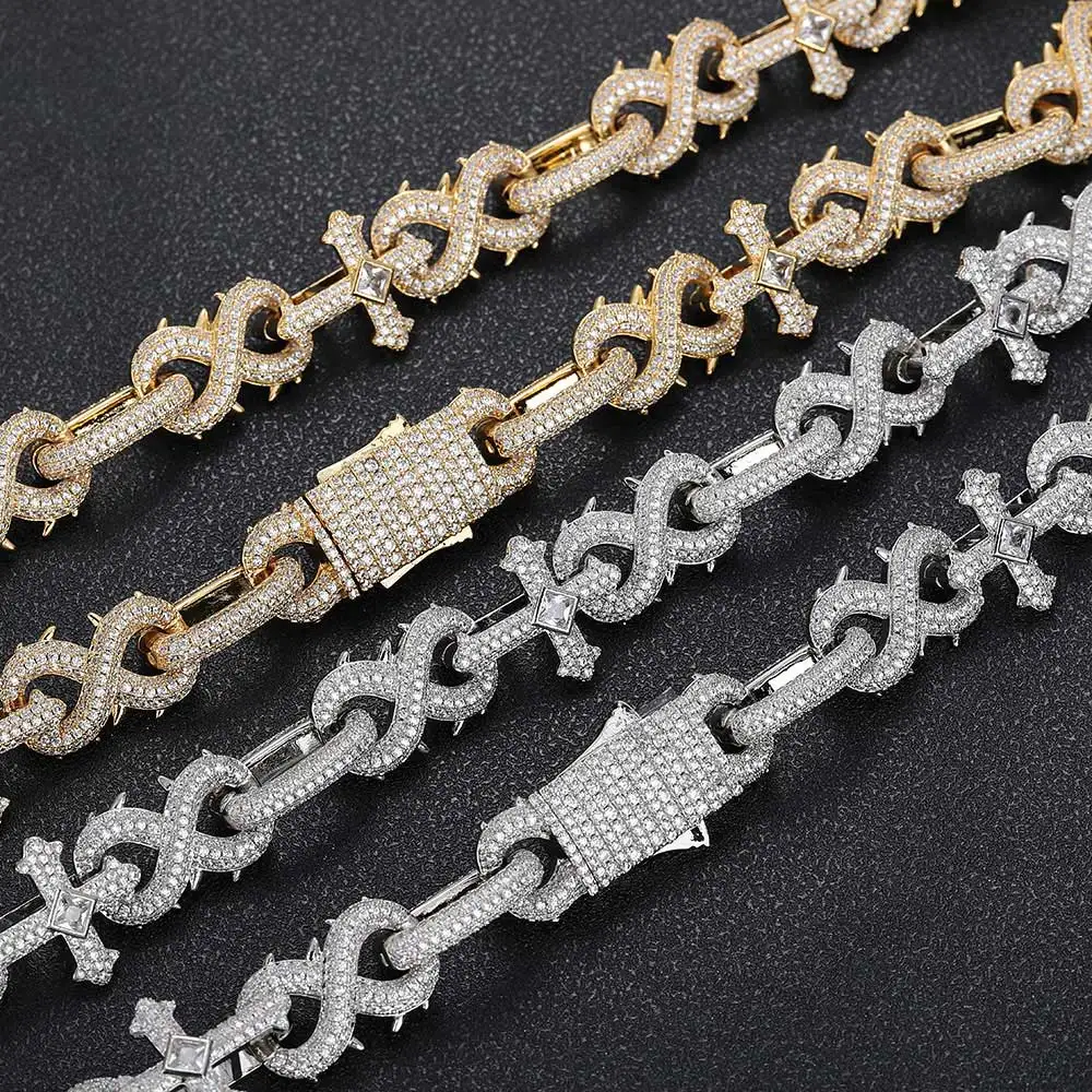 

New Design Twist Spiked Cross Pave Infinity Link Chain Hip Hop Jewelry 16mm Iced Out Cross Vine Link Chain Necklace For Men