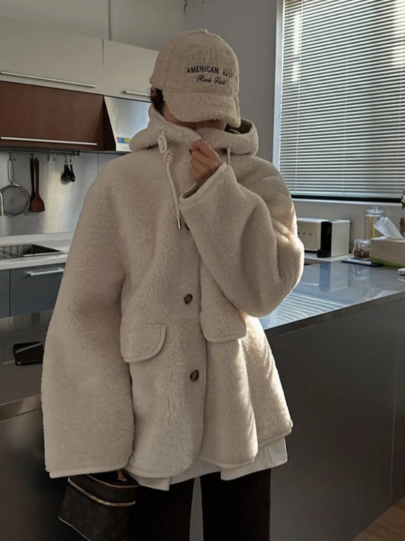 الرجعية Sle زر واحد مقنعين فرو الضأن Jaet المرأة شتاء جديد Faion معطف جلد دافئ متكامل أعلى ربيع الخريف واي...