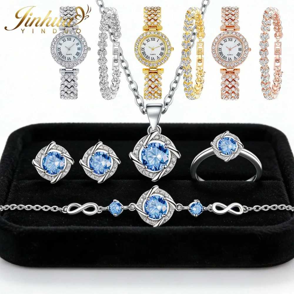 

New Classic Jewelry Set 925 Sterling Silver CZ Stone Necklace Earrings Bracelet Ring+Gift Box For Women Zirconia Wristwatch