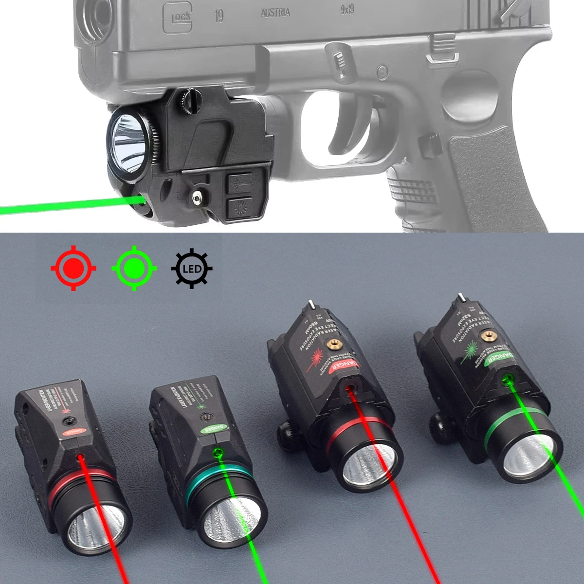 Compact Pistol Red Green Laser Sight Combo LED Flashlight Rechargeable For AR15 Rifle Handgun Weapon Light 20mm Pictinny Rail