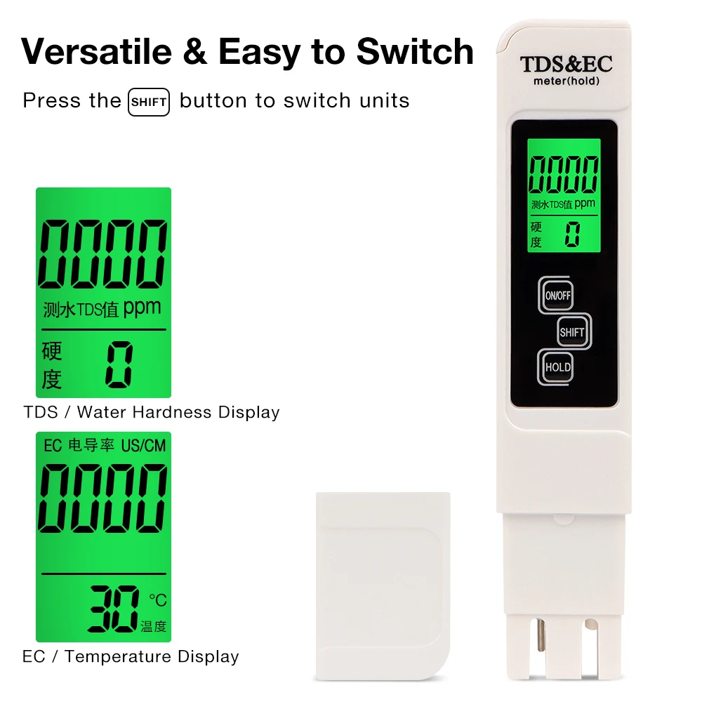4 In 1 Water Quality Test Pen 0-9999 EC Meter TDS Conductivity Temperature Hardness Tester Digital Water Monitor for Pool Water