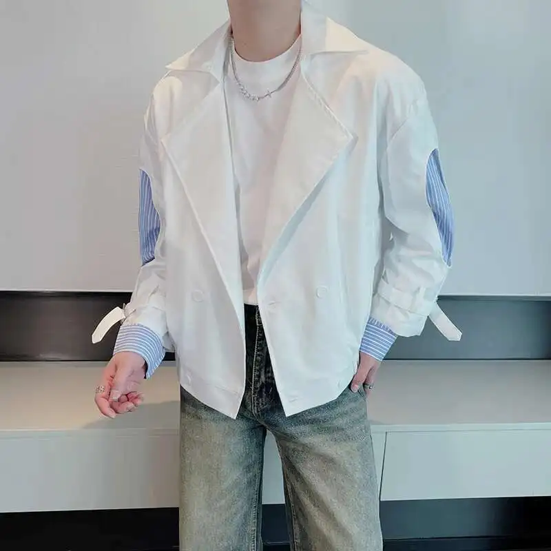 

SYUHGFA High Street Men's Wear Patchwork Striped Jackets Fake Two Pieces Loose Tops Short Style Casual Coats 2024 Autumn