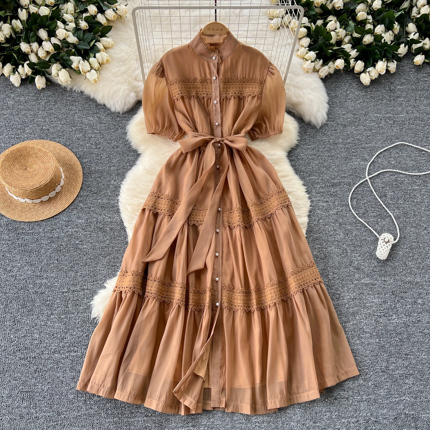 French Vintage Lace PATCHWORK Single Breasted Puff Sleeves Dress korean fashion Casual Women Fashion summer dresses