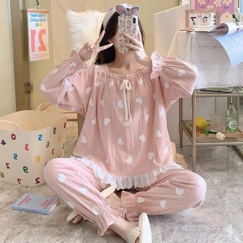 Princess Style Pajamas Women Autumn Winter Loungewear 2024 New Long Sleeved Sleepwear Oversized Square Neck Loose Homewear Set