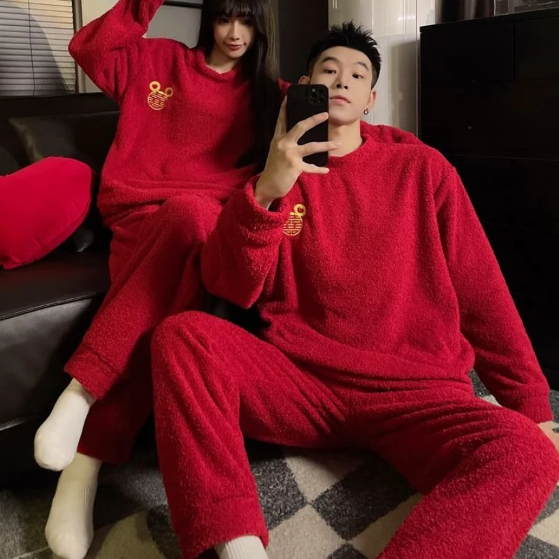 Mezza Pile Coppia Pigiama Donna Autunno e Inverno Pile Addensato Cartone Animato da Uomo High-end Semplice Esterno Pigiama Vestito 2025