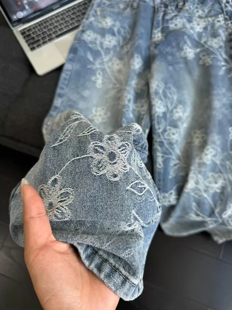 

2025 Autumn New High Waist Retro Distressed Slim Straight Jacquard Jeans for Women Slimming Draped Wide Leg Casual Pants