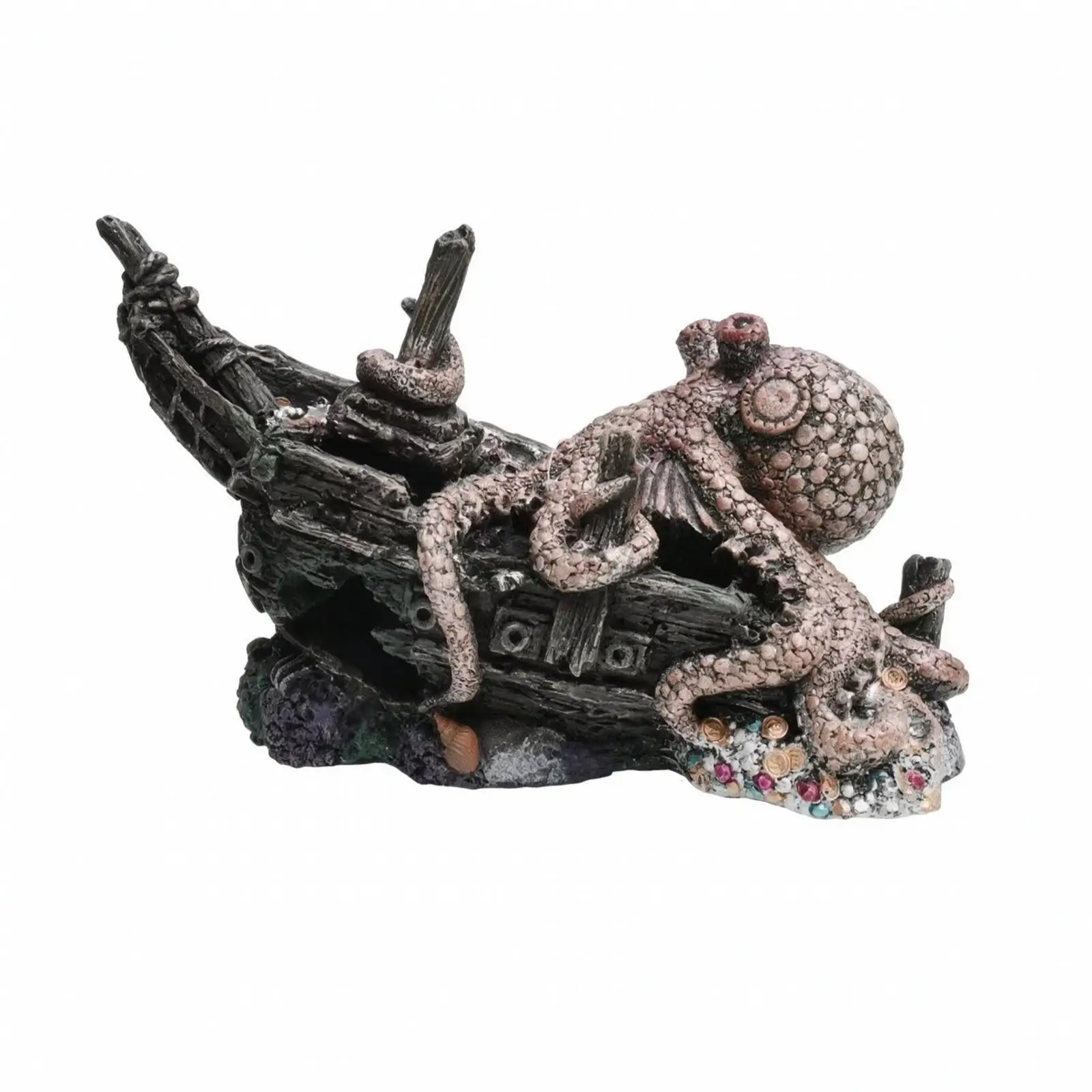 Resin Shipwreck Hideout Aquarium Ornament for Fish Tank with Octopus Figure on Rock Base Decor