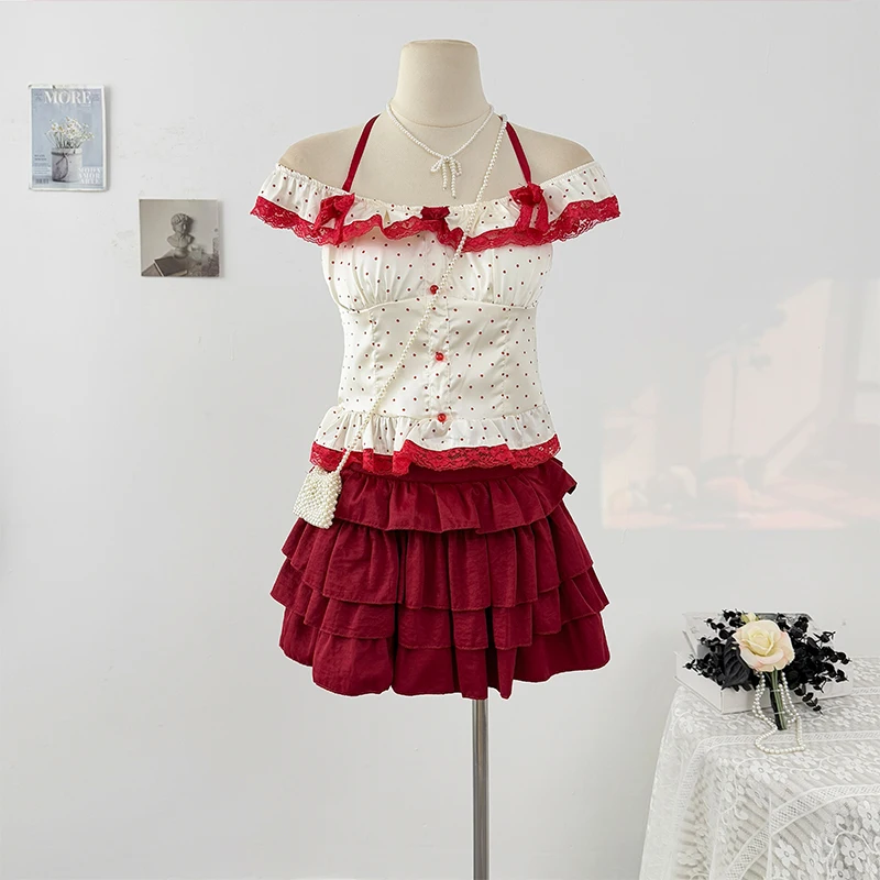 

Lotus leaf edge off shoulder lace patchwork hanging neck polka dot vest pleated layered cake skirt women's summer set