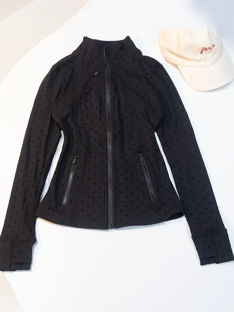 New Hot Black Polka Dot Stand Collar Jacket, Slim-Fit Long-Sleeve Sports Coat, Versatile Top for Fitness & Yoga