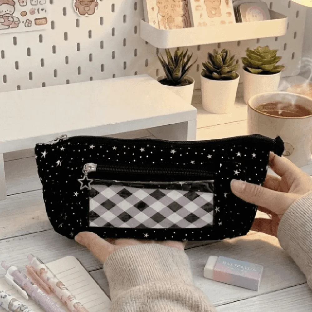 Large Capacity Star Checkered Pattern Pen Bag Lace Trim Transparent Window Pencil Pouch Multi-Pocket Canvas Stationery Organizer