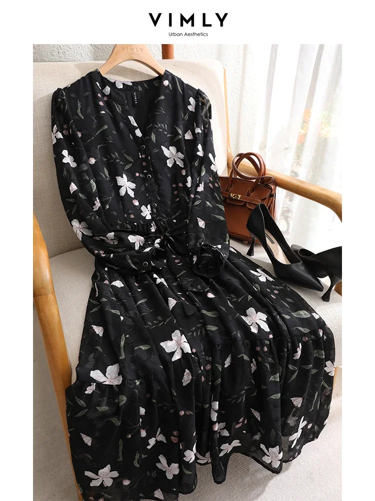 Vimly Chiffon Floral Dress for Women 2024 Spring Vacation Outfit Elegant Vintage Long Sleeve Tie Belt Swing Midi Tiered Dresses